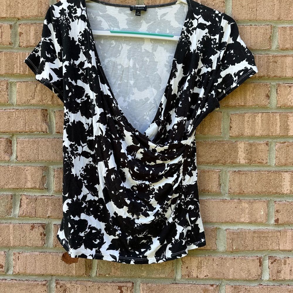 Talbots Black and White Fitted Faux Wrap Blouse